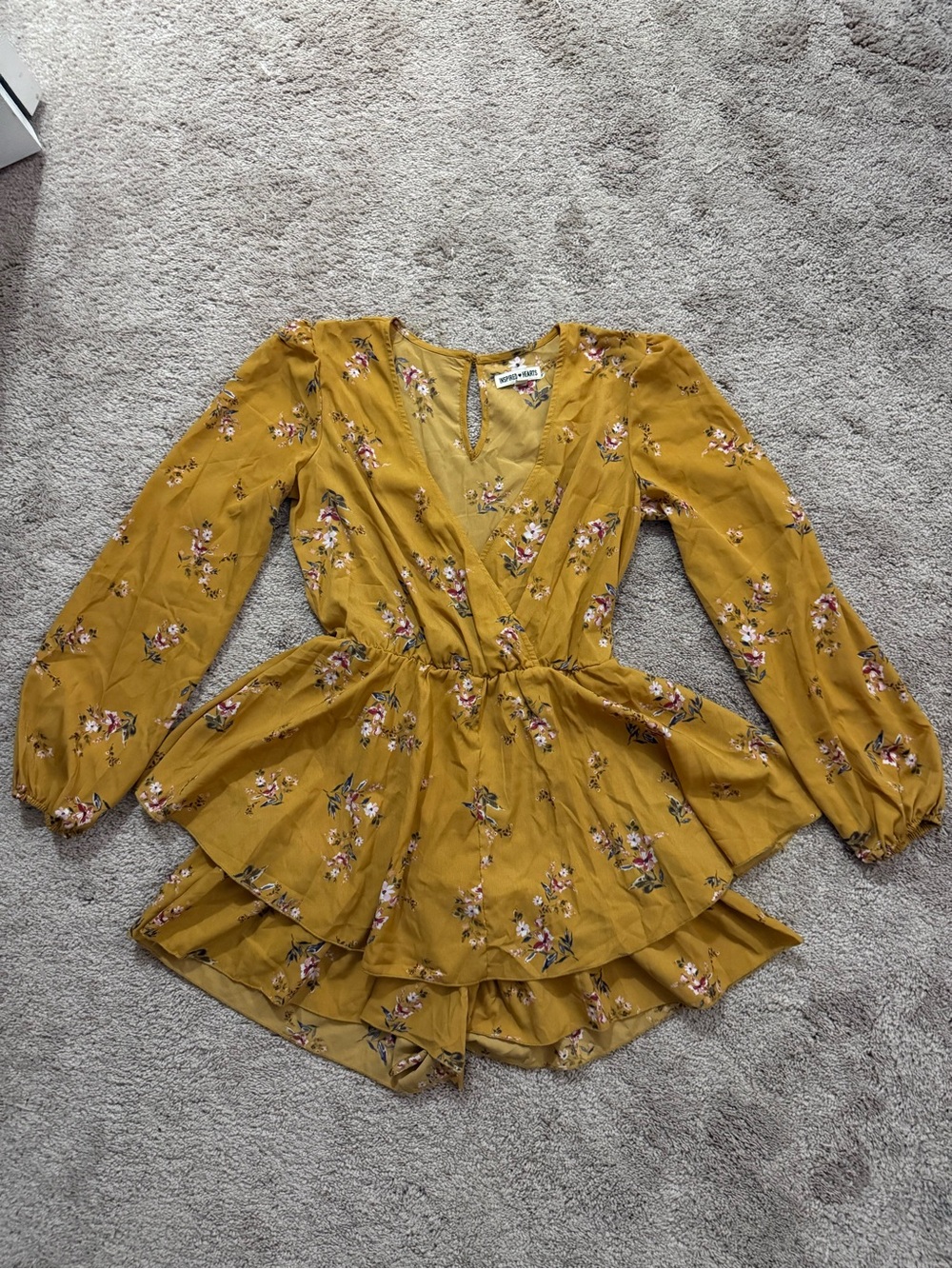 Mustard Floral Long-Sleeve Wrap Romper
